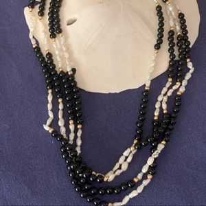 Retro 4 strand Rice Pearl Onyx & Gold Beaded Necklace